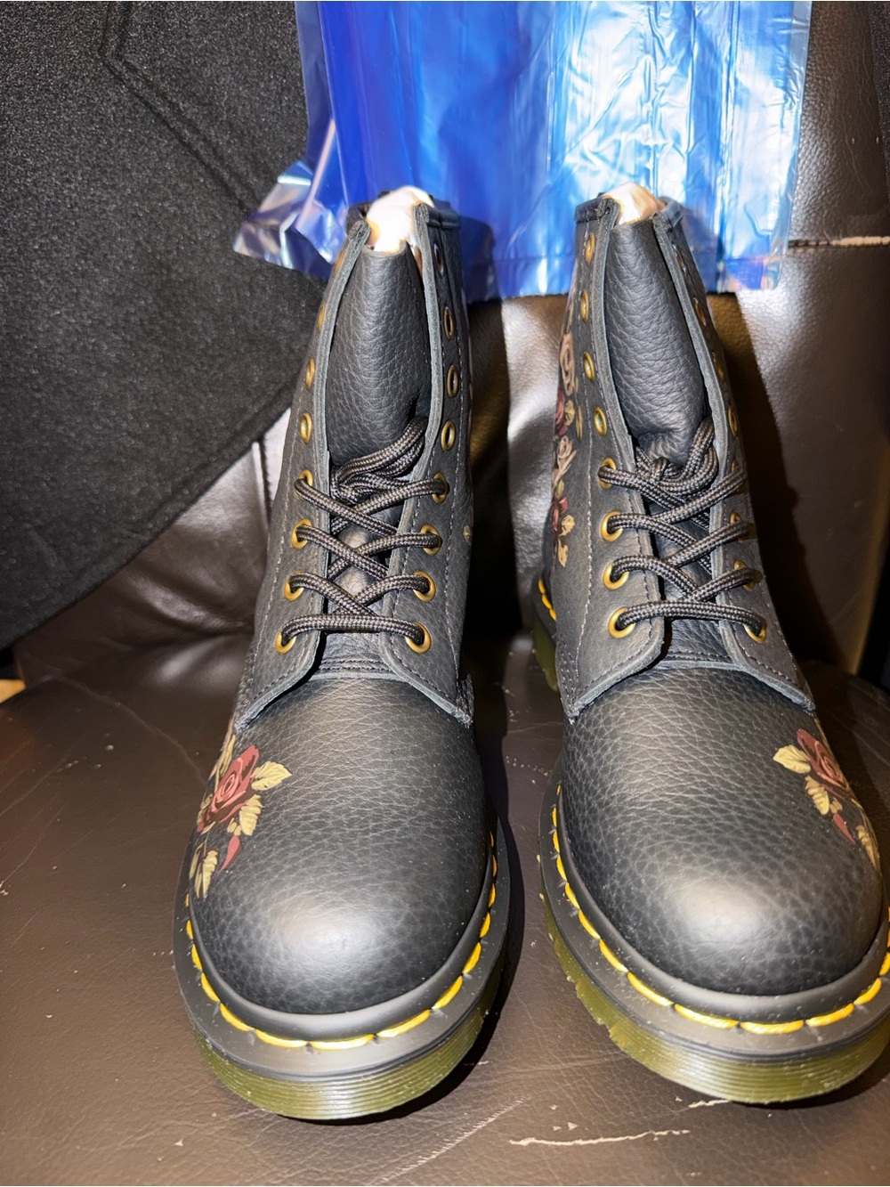 Dr. Martens Black Leather Lace-Up Boots with Floral Embroidery